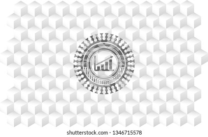 growth chart icon inside realistic grey emblem with geometric cube white background