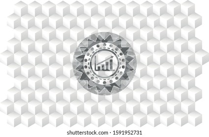 growth chart icon inside realistic grey emblem with geometric cube white background