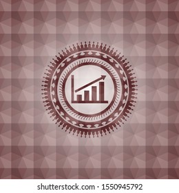 growth chart icon inside red seamless emblem or badge with geometric pattern background.