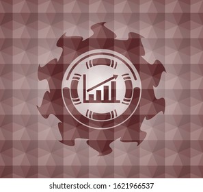 growth chart icon inside red emblem or badge with abstract geometric polygonal pattern background. Seamless.