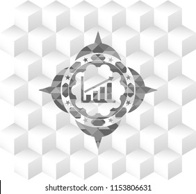 growth chart icon inside retro style grey emblem with geometric cube white background