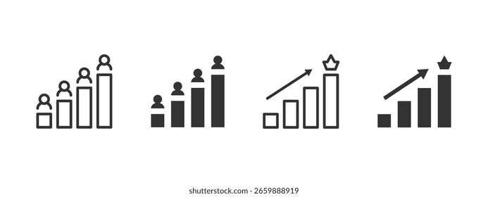 Growth chart icon. People on ascending bar chart representing success and leadership vector illustration. Career progress and business performance improvement symbol. Achievement ranking pictogram.
