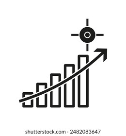 Growth chart icon. Rising bar graph. Target achievement symbol. Business progress vector.