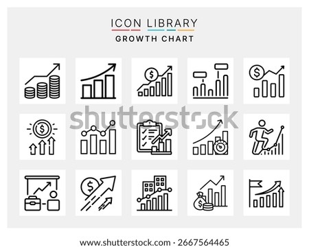Growth chart icon set with business analytics, revenue increase, profit metrics, financial success, and upward progress symbols
