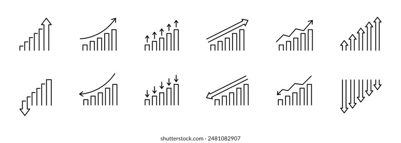 Growth chart icon set. Chart increase icons. Growing graph icon collection