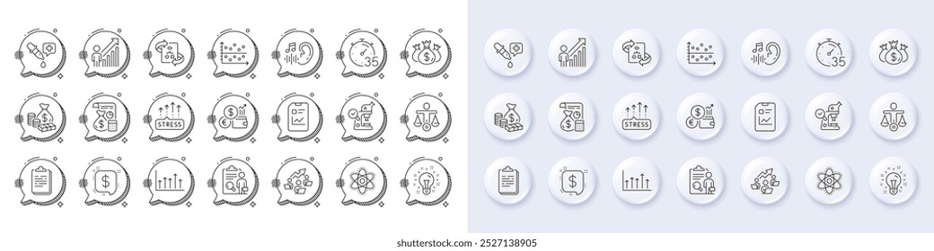 Gráfico de crescimento, Ícones da linha de átomos de Ideia e Química. Botões 3d de pino branco, ícones de bolhas de chat. Pack of Dot plotagem, Audição, Verificar ícone de investimento. Vetor