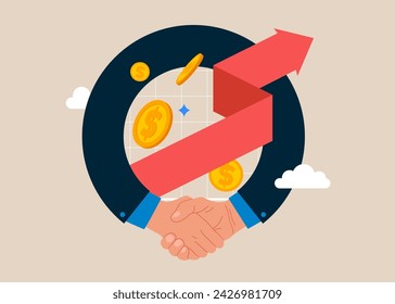 Gráfico de crecimiento aumenta la inversión de valor. Gente de negocios dándose la mano después de un trato de negocios. Ilustración vectorial plana.