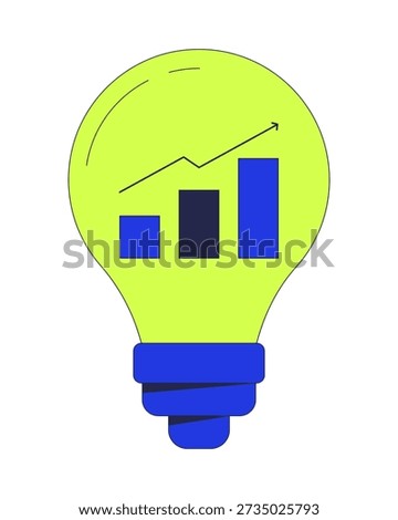 Growth chart inside lightbulb 2D cartoon object. Creative light bulb with barchart and upward arrow. Data-driven innovation isolated element flat vector clip art on white. Spot illustration