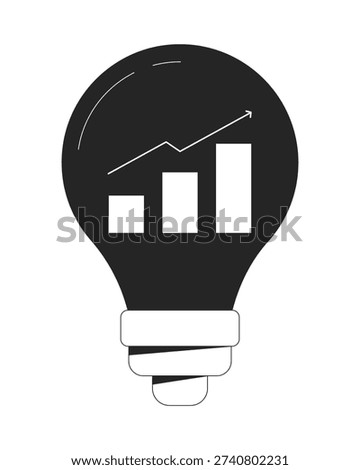 Growth chart inside lightbulb 2D line object. Creative light bulb with barchart and upward arrow. Data-driven innovation isolated clipart vector ink outline item. Monochrome spot illustration