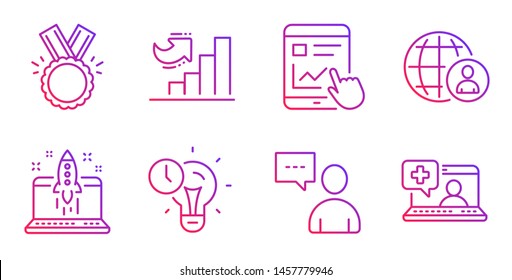 Growth chart, International recruitment and Start business line icons set. Users chat, Time management and Internet report signs. Honor, Medical help symbols. Diagram graph, World business. Vector