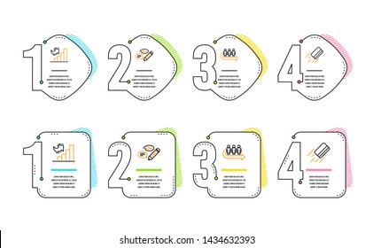 Growth chart, Keywords and Queue icons simple set. Credit card sign. Diagram graph, Pencil with key, People waiting. Bank payment. Infographic timeline. Line growth chart icon. 4 options or steps