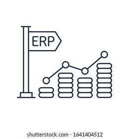 Growth chart and leader flag with abbreviation ERP.  Enterprise resource planning.Business automation and innovation.Vector linear icon isolated on white background.