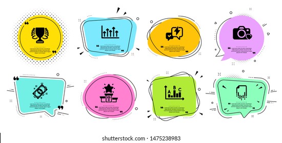 Growth chart, Lightning bolt and Payment line icons set. Chat bubbles with quotes. Survey results, Recovery file and Winner signs. Photo camera, Winner podium symbols. Upper arrows, Messenger. Vector