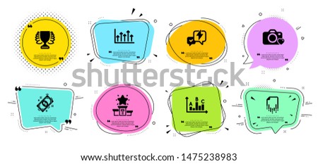 Growth chart, Lightning bolt and Payment line icons set. Chat bubbles with quotes. Survey results, Recovery file and Winner signs. Photo camera, Winner podium symbols. Upper arrows, Messenger. Vector