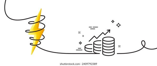 Growth chart line icon. Continuous one line with curl. Coins money sign. Business income symbol. Growth chart single outline ribbon. Loop curve with energy. Vector