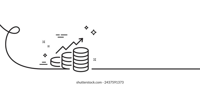 Growth chart line icon. Continuous one line with curl. Coins money sign. Business income symbol. Growth chart single outline ribbon. Loop curve pattern. Vector