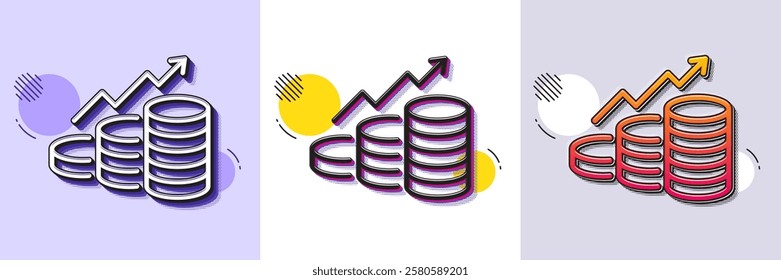 Growth chart line icon. Halftone dotted pattern. Gradient icon with grain shadow. Coins money sign. Business income symbol. Line growth chart icon. Various designs. Vector
