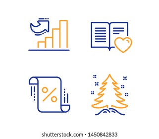Growth chart, Loan percent and Love book icons simple set. Christmas tree sign. Diagram graph, Discount blueprint, Customer feedback. Spruce. Linear growth chart icon. Colorful design set. Vector