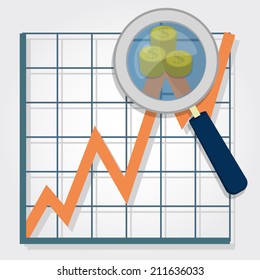 Growth chart and a magnifying glass focusing on a point with coins. Representing wealth and financial growth. Graphical analysis with coins