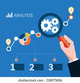 Growth chart with magnifying glass focusing on point. Infographic steps banners. Representing success and financial growth. Graphical analysis in flat design style