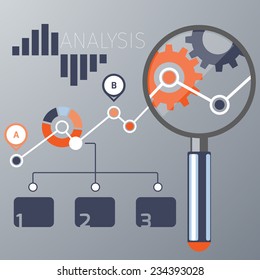 Growth chart with magnifying glass focusing on point. Infographic steps banners. Representing success and financial growth. Graphical analysis in flat design style