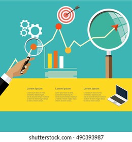 Growth chart with magnifying glass focusing on point.  steps banners. Representing success and financial growth. Graphical analysis in flat design style