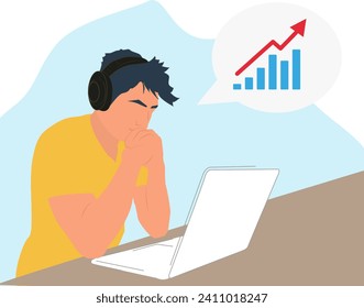 Gráfico de crecimiento. Hombre trabajando con una laptop en la mesa de la computadora. Desarrollador de software, programador o administrador de sistemas con un PC. Técnico en el lugar de trabajo. Ver correo.