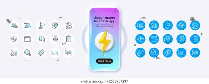 Growth chart, Milestone and Business results line icons. Phone mockup with 3d energy icon. Pack of Budget profit, Wallet, Grocery basket icon. Payment, Online shopping, Clipboard pictogram. Vector