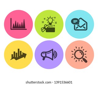 Growth chart, New mail and Creative idea icons simple set. Line graph, Megaphone and Search signs. Sale diagram, Received e-mail. Flat growth chart icon. Circle button. Vector