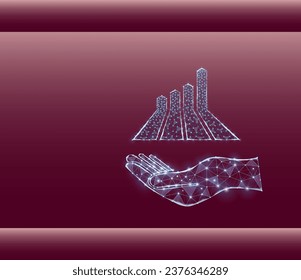 Growth chart on a hand, vector image composed of grid and dots. Business illustration - graphics, growth concept, business development. Vector illustration of a business graph on a burgundy background