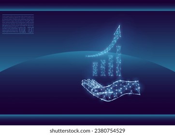 Gráfico de crecimiento en una mano, imagen vectorial compuesta de cuadrícula y puntos. Ilustración empresarial: gráficos, concepto de crecimiento, desarrollo empresarial. Ilustración vectorial de un gráfico de negocios sobre un fondo azul oscuro