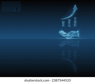 Gráfico de crecimiento en una mano, imagen vectorial compuesta de cuadrícula y puntos con reflexión espejo. Ilustración empresarial: gráficos, concepto de crecimiento, desarrollo empresarial. Ilustración vectorial de un gráfico de negocios o