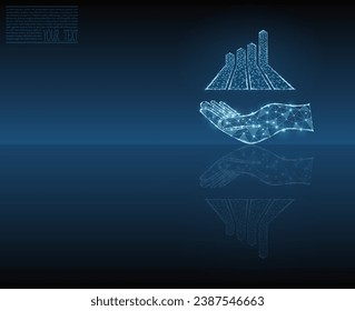 Growth chart on a hand, vector image composed of grid and dots with mirror reflection. Business illustration - graphics, growth concept, business development. 