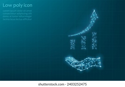 Growth chart on a hand, vector image composed of grid and dots. Business illustration - graphics, growth concept, business development. Vector illustration of a business graph on a dark blue backgroun