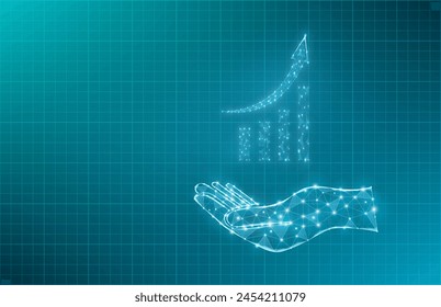 Growth chart on a hand, vector image composed of grid and dots. Business illustration - graphics, growth concept, business development. Vector illustration of a business graph on a dark blue backgroun
