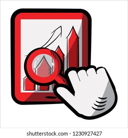 Growth Chart on Tablet.Hand Holding Loupe. Sketch-Style Icon. Symbol. Sign. Stock Vector Illustration. Transparent. White Isolated.