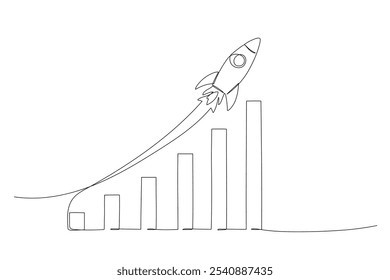 Gráfico de crescimento ilustração de uma linha contínua. Desenho desenhado à mão, gráfico com foguete. Êxito financeiro ou gráfico de vetor de preço