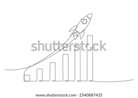 Growth chart one continuous line illustration. Hand drawn doodle sketch, graph with rocket. Financial success or price vector graphic