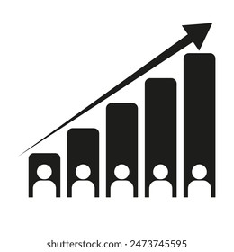 Gráfico de crecimiento con personas. Tendencia de flecha hacia arriba. Gráfico de Vector negro. Ilustración del éxito del negocio.