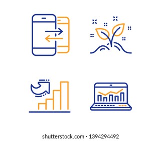Growth chart, Phone communication and Startup concept icons simple set. Web analytics sign. Diagram graph, Incoming and outgoing calls, Launch project. Statistics. Education set. Vector