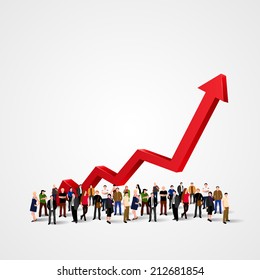 Growth Chart And Progress In People Crowd. Arrows Business Art Info. Profit Red Arrow With People, Vector Illustration