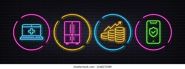 Growth chart, Refrigerator and Medical help minimal line icons. Neon laser 3d lights. Phone protection icons. For web, application, printing. Money profit, Two-chamber fridge, Medicine laptop. Vector
