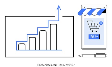 A growth chart rising alongside a smartphone displaying an online shopping cart and buy button. Ideal for online shopping, e-commerce, business growth, sales trends, and digital marketing. Minimalist