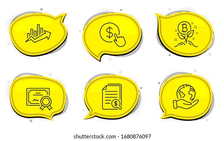Growth chart sign. Diploma certificate, save planet chat bubbles. Buy currency, Financial documents and Bitcoin project line icons set. Money exchange, Check docs, Cryptocurrency startup. Vector