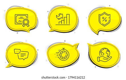 Growth chart sign. Diploma certificate, save planet chat bubbles. Loan percent, Seo timer and Text message line icons set. Protection shield, Cogwheel, Chat bubble. Diagram graph. Vector