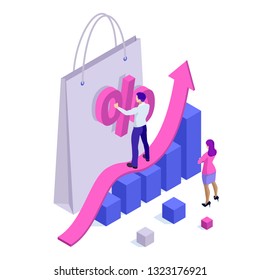 Growth Chart Stats, Big Sale, Sellout, Retail, Black Friday Discount. Investors And Traders Achieve Their Goals. Vector Isometric Illustration.