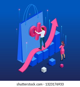 Growth Chart Stats, Big Sale, Sellout, Retail, Black Friday Discount. Investors And Traders Achieve Their Goals. Vector Isometric Illustration.