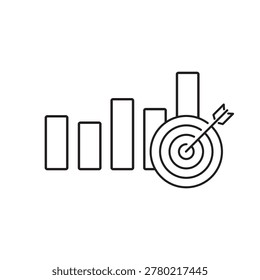 Growth chart and target. Intended result. The desire for greater benefits, savings. Vector linear icon isolated on white background.