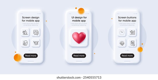 Growth chart, Time and Wrong file line icons pack. 3d phone mockups with heart. Glass smartphone screen. Weather forecast, Face declined, Waterproof web icon. Medical mask, Sunrise pictogram. Vector