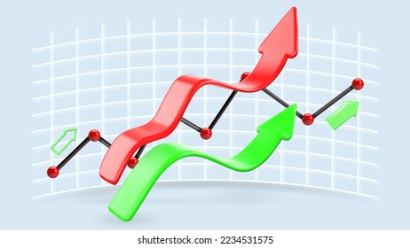 Growth chart. Trade arrow. Stock price chart. Realistic 3D design, vector render. Change in value. Exchange trading. Annual and quarterly profit report.